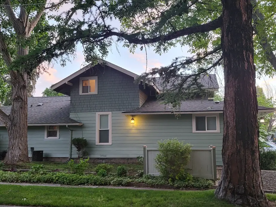 Repainted sage-green craftsman home with a shingle gable under two large old trees